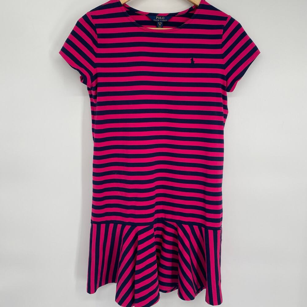 Polo Dress Girls 16 Pink & Navy Stripes Preppy Collegiate Classic